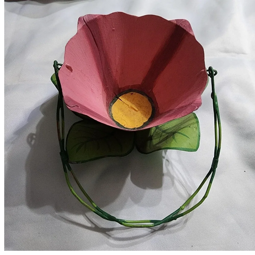 Vintage Hand Painted Metal Pink Flower Basket Tealight Holder Garden Decor